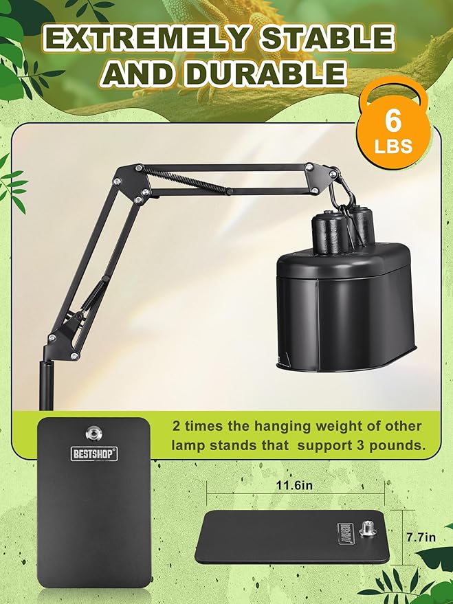 Reptile Light Stand, Heat Bulb Stand (15.7 to 74.3 inch) with Adjustable 360° Swing Arm for Terrarium, Reptile Heat Lamp Stand for Bearded Dragons, Turtles, and Chameleons (Black)