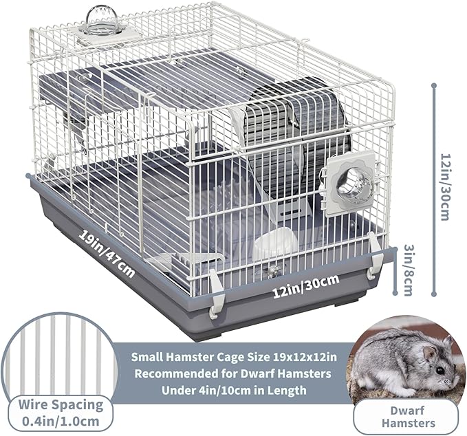 Small Hamster Cage Starter Kit 19”Lx12”Wx12”H for Dwarf Hamster & Robo Hamster with Multilevel Platforms, 2 Tube Ports, Exercise Wheel, Ladders, Water Bottle, Food Bowl, Gray
