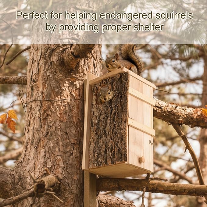 Wonderjune 1 Pcs Large Squirrel Nesting Box Squirrel House for Outside Nesting Hanging Handcraft Thick Wood Winter Chipmunk Outdoor Shelter Garden Yard Support Local Wildlife Easy Install