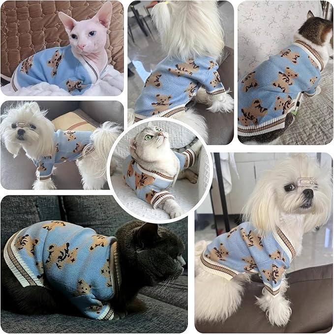 ABRRLO Small Dog Sweaters Cute Bear Dog Cardigans Clothes for Small Medium Dogs Boy Girl Puppy Cat Knitting Cardigan Outfits Dogs Autumn Coats Warm Pet Doggy Clothes Soft Knitwear Apparel (Blue,M)