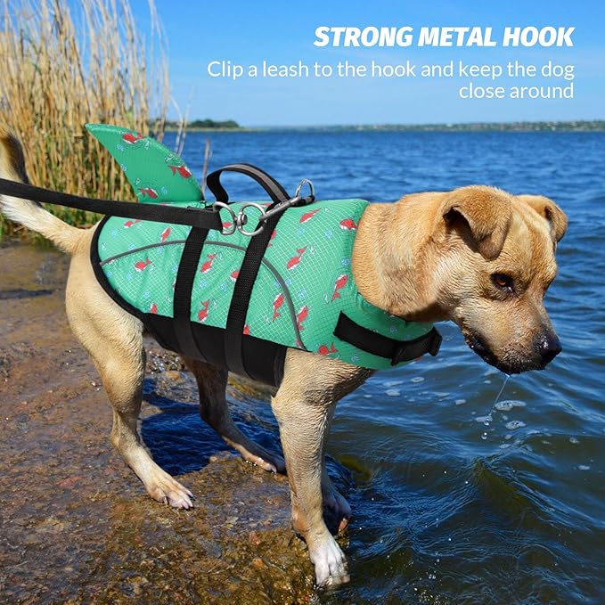 Queenmore Large Dog Shark Life Jacket, Safety Dog Life Vest for Swimming, Boating, Kayaking, GreenPrints, Size Large