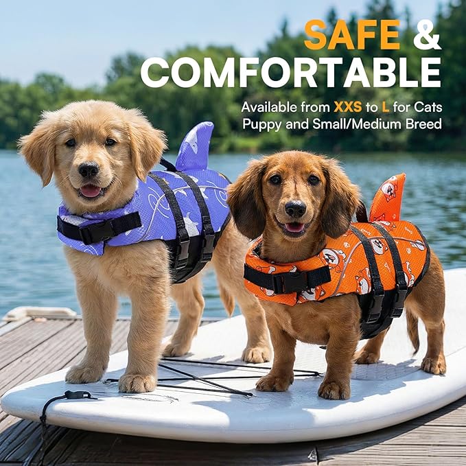 Queenmore Dog Life Jacket M, Medium Dog Life Vest for Swimming Boating, Lightweight Dog Shark Life Jacket with Rescue Handle/Leash Hook/Reflective Strips