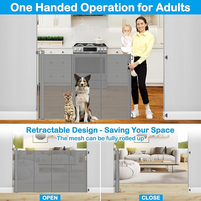 Reinforced 42" Tall X 80" Wide Retractable Baby Gate Extra Tall Cat Gate for Stairs No Sag Retractable Baby Gates for Doorways No Wrinkle Mesh Gates for Kids or Pets with Reinforced Strips, Gray