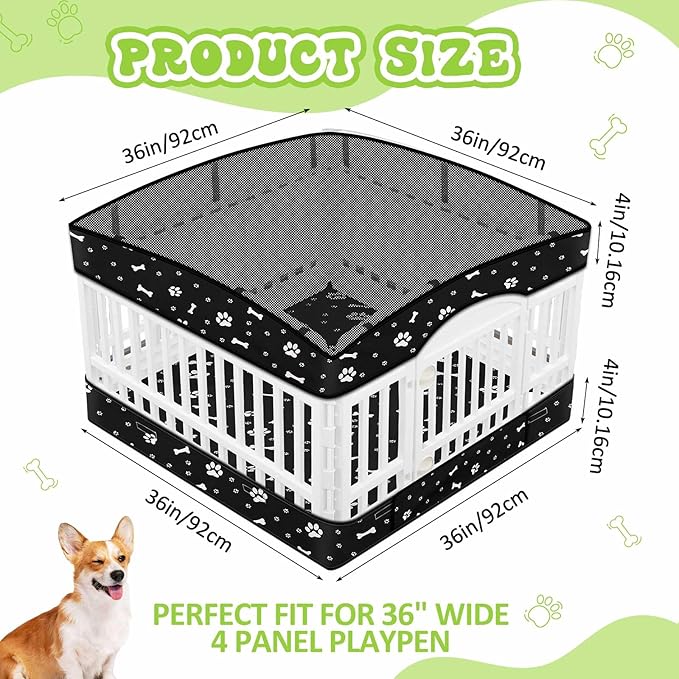 2 Pack Dog Playpens Cover and Bottom Mat Fits for 36 Inch 4 Panels Pet PlayPen, Dog Crate Cover Puppy Exercise Pad, Reusable Washable, Hoop and Loop Design, Playpen Not Included(Black)