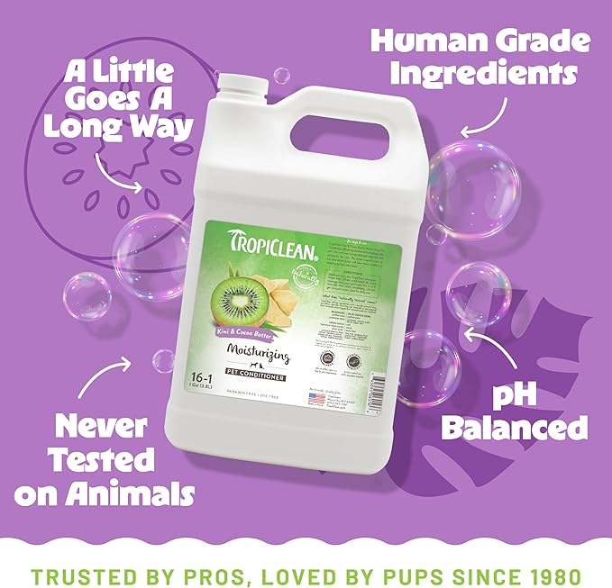 TropiClean Dog Conditioner, Professional Detangling & Moisturizing Conditioner, Puppy Safe, Made in the USA, Kiwi & Cocoa Butter Scent, 1 Gallon