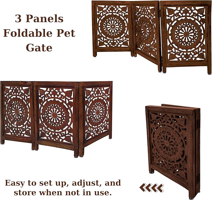 Lightnpro Carved Wooden Dog Gate - Extra-Wide Freestanding Foldable Indoor Pet Barrier, Decorative Safety Gate for Dogs & Puppies, Perfect for Stairs, Doorways & Hallways - 24x54 Inch Natural Burnt