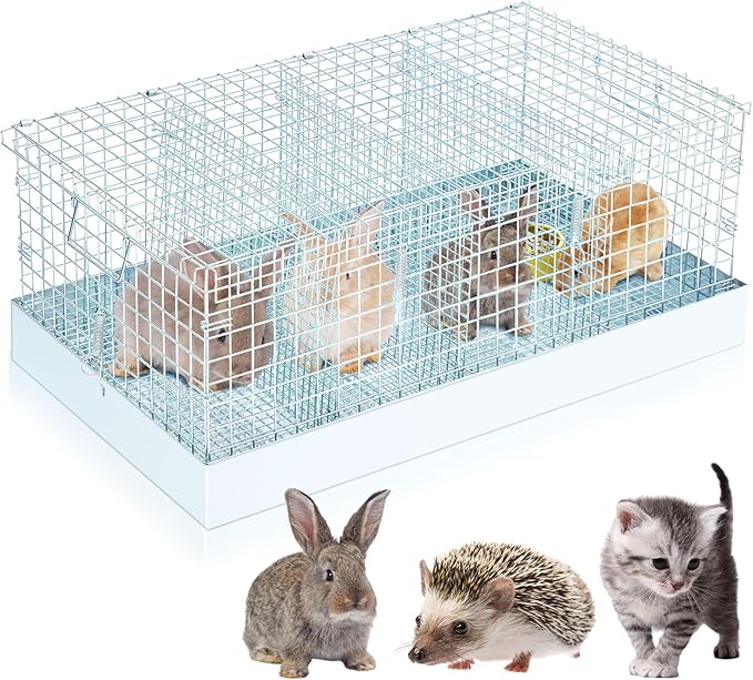 DoubleFill 4 Hole Folding Rabbit Transport Cage, 28 x 16 x 12 in Portable Rabbit Bunny Carrier with Tray and Handles for Travel Temporary Housing, Indoor Outdoor Pet Habitat Animal Enclosure
