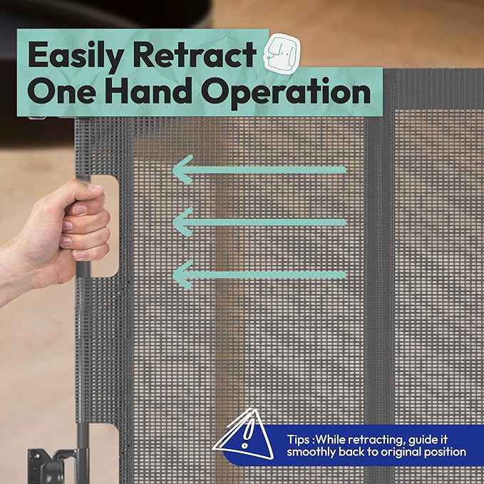 34" H Tall Mesh Dog Gate Extends Up to 200" W Retractable Pet Gate with Drill Installation, Preventing Crawling Through for Stairs, Doorways, Indoor & Outdoor (Grey)