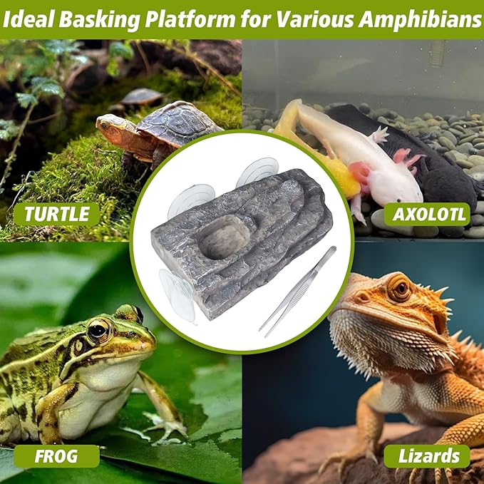 Turtle Floating Basking Platform with 3 Suction Cups & Water Bowl, Turtle Basking Platform with Feeding Tweezer for Frogs, Terrapins, Lizards(8.2×3.14×1.2 inch, Grey)