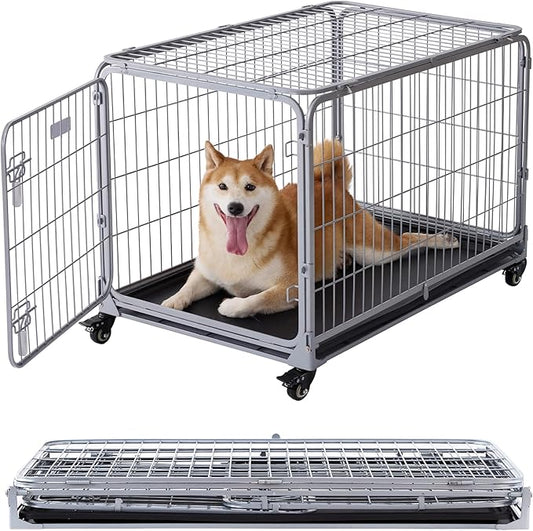 ZOMISIA Collapsible Dog Crate with Lockable Wheels - 36 inch Escape Proof Dog Kennel for Medium Dogs with Double Door, Easy Assembly Foldable Cage with Removable Tray, Indoor Outdoor Use,Silver Gray