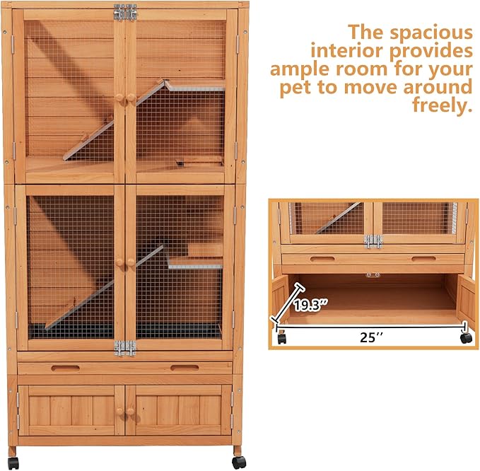 Wooden Hamster Cage, Large Double-Layered Hamster Cage with Storage Area, Deep Pull-Out Tray, and Aesthetically Pleasing and Convenient Magnetic Door Design. (Wood Color)