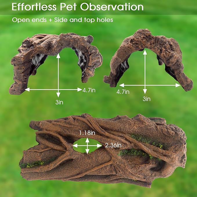 Lizard Snake or Reptile Hide, Large Hollow Log Snake Hideout for Ball Python Bearded Dragon and Gecko Eco-Friendly Resin Tank Accessory with Basking Platform & Multi-Functional Décor