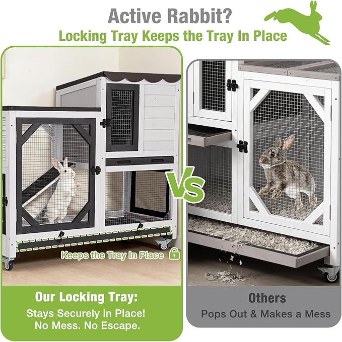 Gutinneen 2-Story Rabbit Hutch Bunny cage Wooden Rabbit Cage Indoor/Outdoor with Chew-Proof Ramp, 2 Leak-Proof Pull-Out Trays, Lockable Wheels for Rabbits, Guinea Pigs, Small Animals (Black and White)