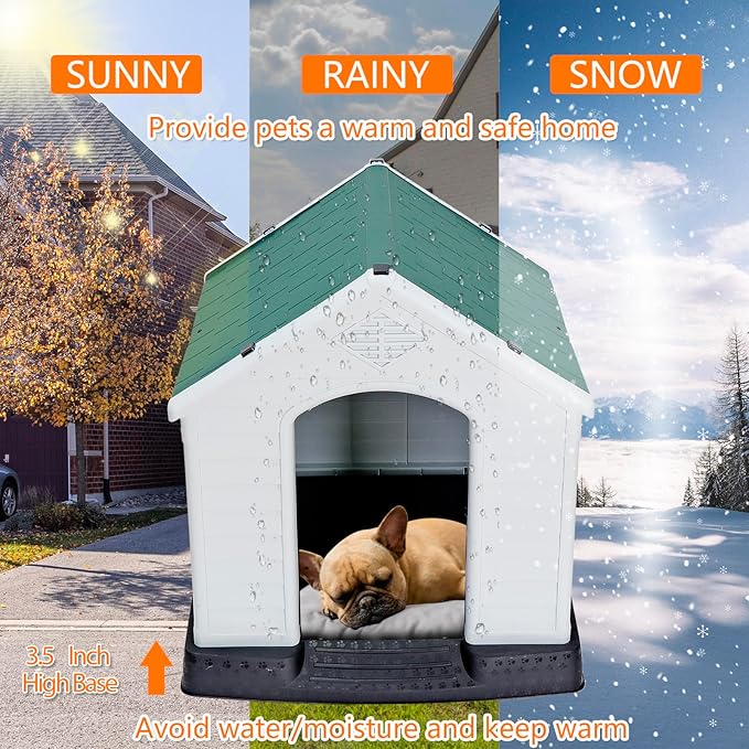 ZENY Plastic Dog House - Waterproof Dog Kennel with Air Vents and Elevated Floor All Weather Indoor Outdoor Insulated Doghouse Puppy Shelter, Easy to Assemble (Green, 28inch)