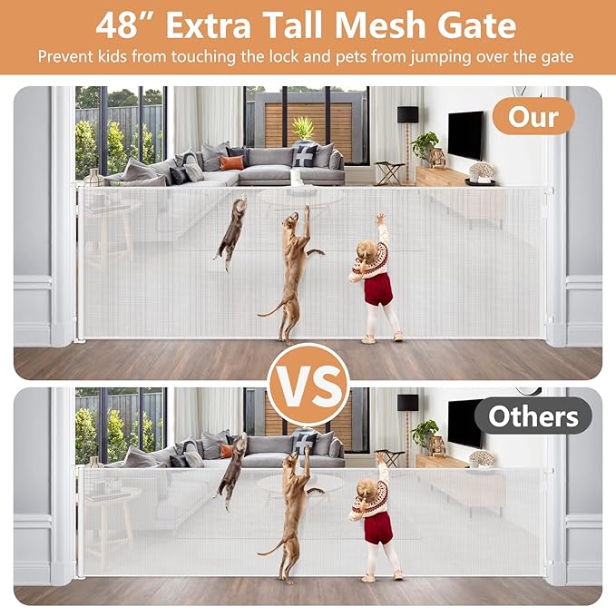 48” Tall 145” Extra Wide Baby Gate Tall Dog Gates for Doorways Retractable Baby Gates for Dogs Mesh Baby Gate Retractable Dog Gate Outdoor Extra Tall Pet Gate Extra Long Baby Gate Adjustable White