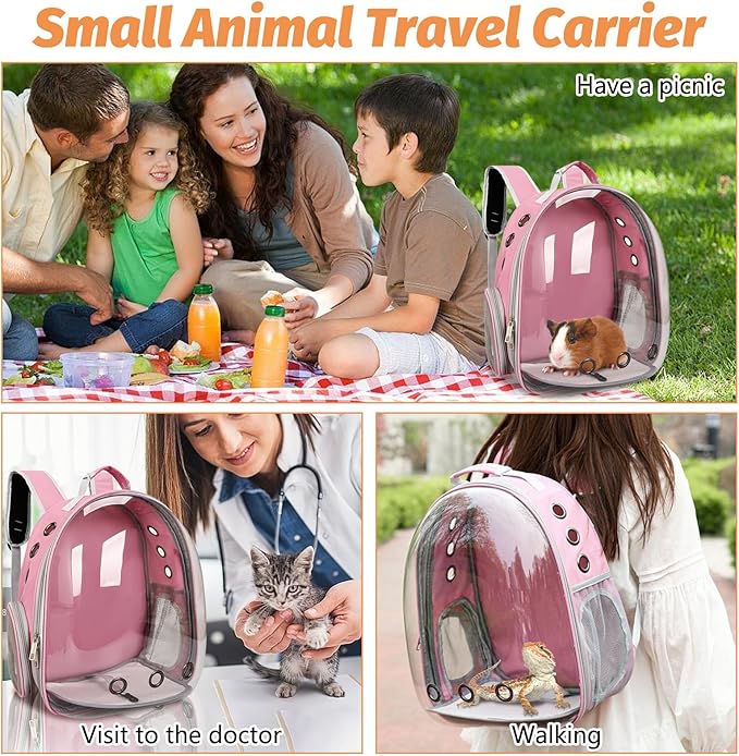 kathson Bearded Dragon Carrier with Harness and Leash Set, Large Reptile Travel Carrier Portable Lizard Backpack Clear Small Animals Carrying Bag for Gecko Hamster Rabbit Hedgehog Kitten (Pink)