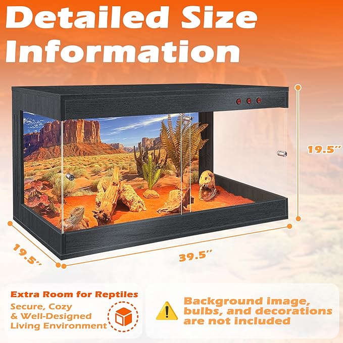 ROYXEN Reptile Tank, 64 Gallons Reptile Enclosure with Lockable Design, Tempered Glass Bearded Dragon Tank for Lizard Habitat, Soild Wood Built-in Sockets (Black, 39.5"x19.5"x19.5")