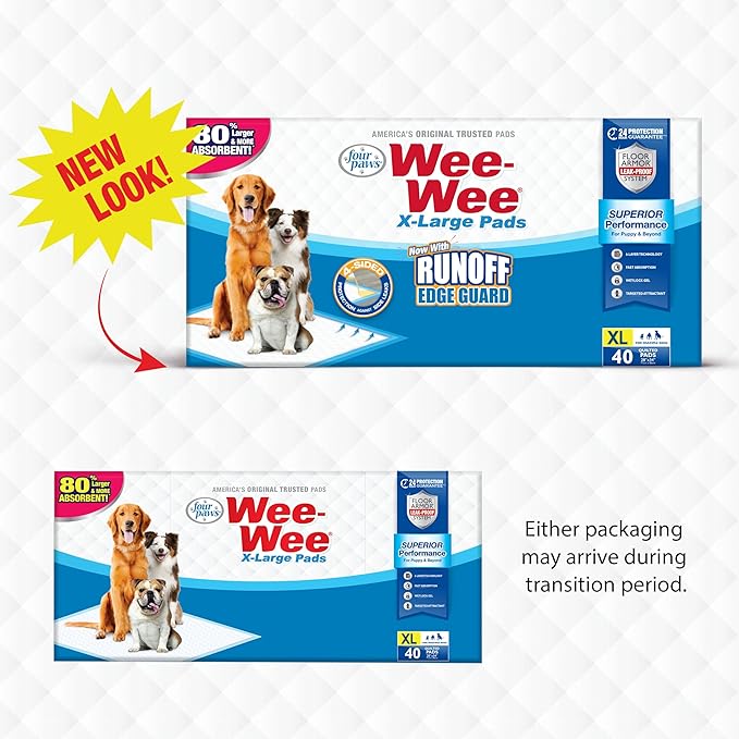 Four Paws Wee-Wee Superior Performance Unscented Extra-Large Pee Pads for Dogs & Puppies, Quilted Leak-Proof Dog Housebreaking Potty Training Floor Protection, 28" x 34", 200 Count