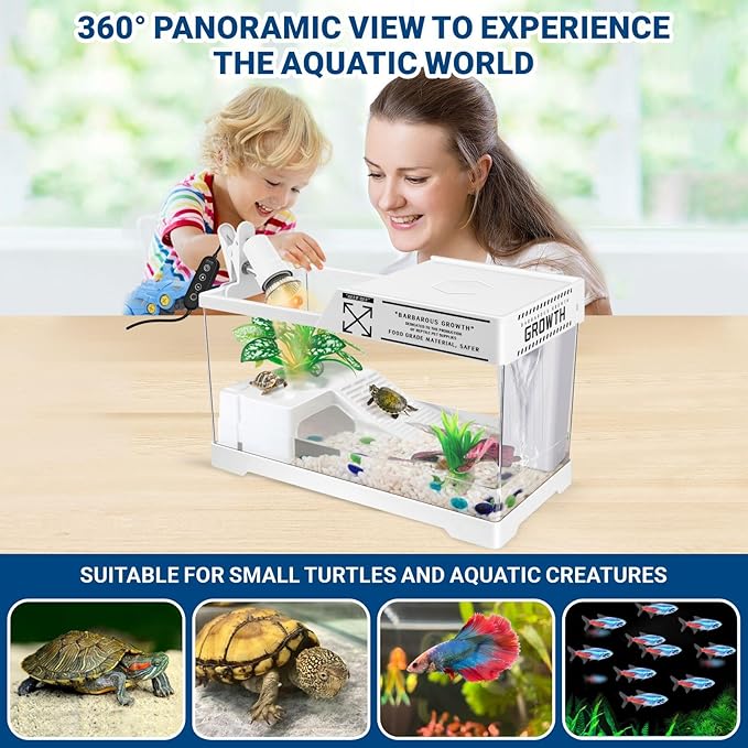 GOZILLA Turtle Tank Kit(Tank+Lamp+Filter), Upgrade PC Turtle Tank Starter Kit with Adjustable Lamp & Filter, Reptile Habitat with Lid, Basking Platform for Small Reptiles.(15.75 × 7.9 × 9''/White Kit)