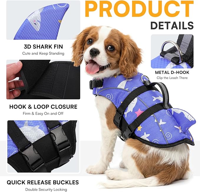 Queenmore Dog Life Jacket S, Small Dog Life Vest for Swimming Boating, Lightweight Dog Shark Life Jacket with Rescue Handle/Leash Hook/Reflective Strips