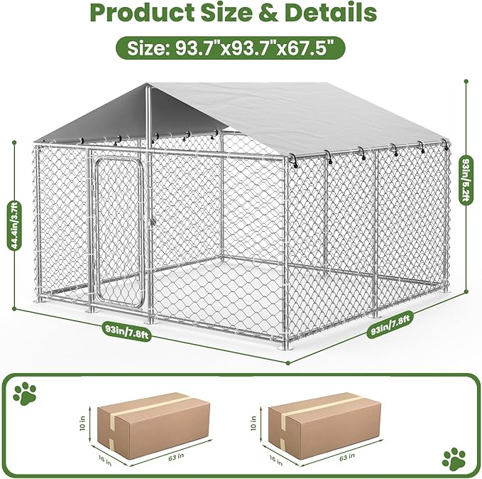 7.8' x 7.8' Heavy-Duty Outdoor Dog Kennel with Waterproof Cover, UV-Resistant Roof, Secure Locking Mechanism for Large Dogs, Metal Enclosure for All Weather Conditions(90x90x63IN)
