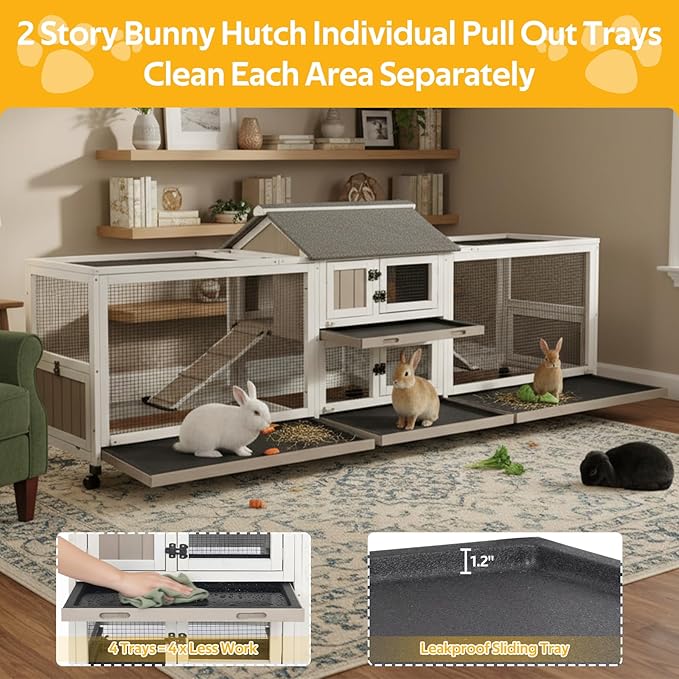 PetsCosset Outdoor Wooden Rabbit Hutch with Double Runs,Waterproof Asphalt Roof Bunny Cage with Raised Floor, Easy-Clean Design Pull Out Tray, Secure & Comfortable Hut for Rabbits
