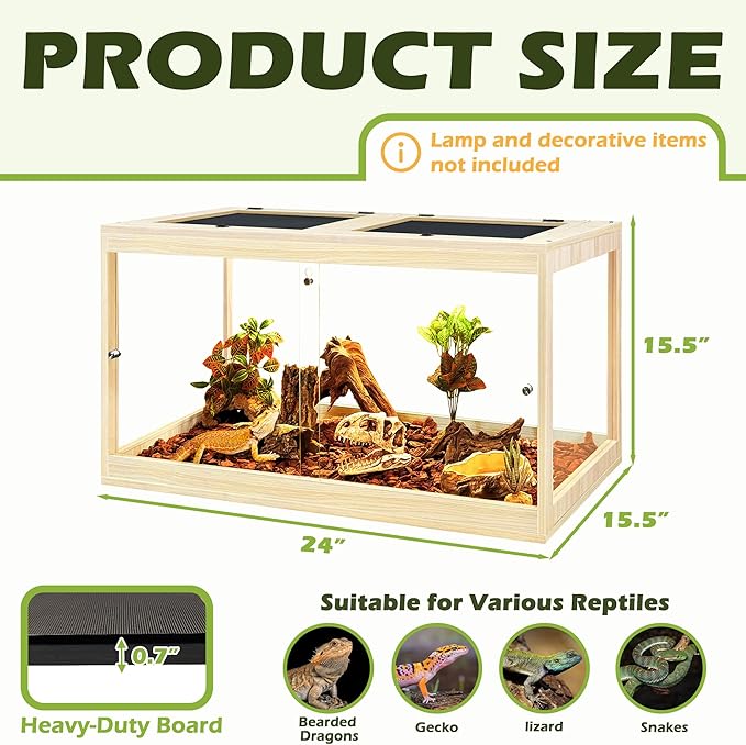 PROLEE Reptile Tank, 31 Gallon Beard Dragon Tank, Tempered Glass Reptile Encloure and Snake Tank with Locking Design for Lizard,Gecko,Chameleon (24"X15.5"X15.5",Oak)