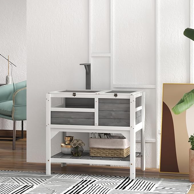 PawHut Tortoise Habitat with Shelf Storage, Tortoise Enclosure with Weather Protection, Reptile Gift Accessory, Reptile Enclosure with Tray, Light Support Frame, Light Gray