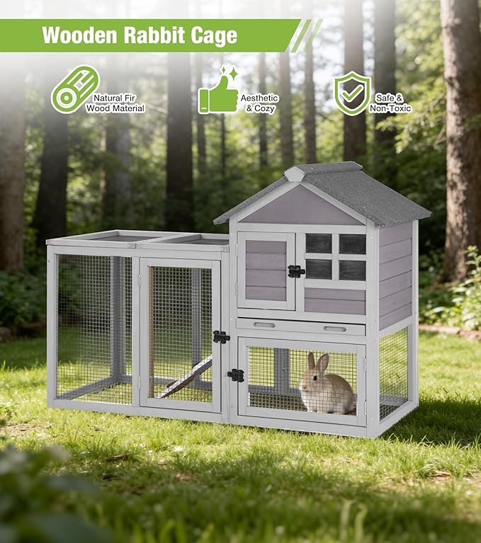 GUTINNEEN Rabbit Hutch Outdoor Rabbit Cage Indoor 51.6" L Waterproof Bunny Cage with Chew-Proof Ramp and Lockable Doors for Indoor Outdoor Use Grey