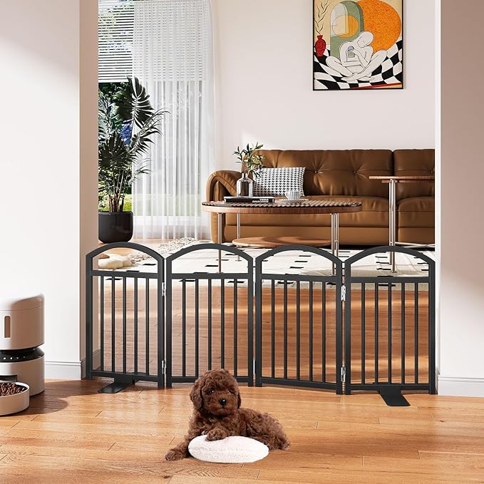 Snughome Short Dog Gate Indoor, 19.69" H Freestanding Small Dog Door Gates with Support Feet, Expands Up to 48" Wide Foldable Pet Gates for Doorway, 4 Panel Folding Pet Door Pet Fence for Puppy, Black