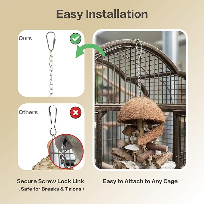 Bird Toys with Natural Coconut Shell - 18in Handmade Hanging Shredding & Foraging Toy with Wood Blocks, Lava Stones, Parrot Toys for Cockatiels, Conures, Parakeets