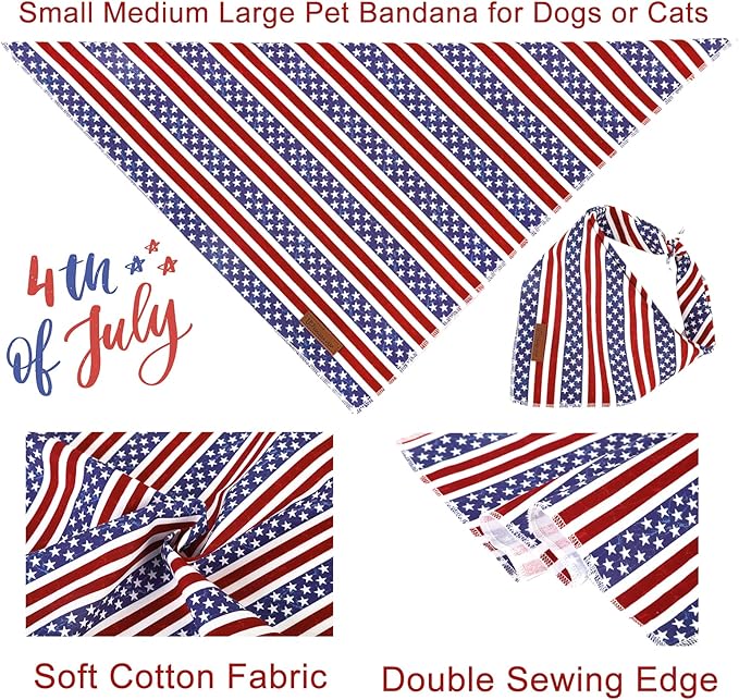 4th of July Dog Bandana, Patriotic Bandana for Small Medium Dog, Cute Patriotic Puppy Bandana, Cotton American Flag Pet Triangle Bid Scarf Kerchief for Girl Boy Dogs or Cats