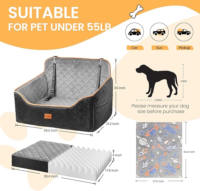 Dog Car Seat for Small Dog with Washable Mat, Memory Foam Booster Seat for Dogs Under 55lb, Elevated Pet Seat with Pockets, Anti-Slip Bed for Car, Perfect for Back Seats & Trunk with 2 Safety Leashes