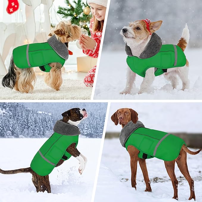Dogcheer Warm Dog Coat, Waterproof Dog Jacket Christmas Puppy Winter Coat with Buckle, Reflective Adjustable Pet Snow Jacket Turtleneck Fleece Sweater for Small Medium Large Dogs - Green, 2XL