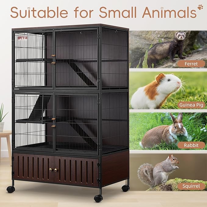 HABUTWAY 60''H Metal Large Ferret Cage, Rolling Chinchilla Cage with Removable Ramps& Double Door, with Locker, Small Animal Cage, Rat Indoor Wooden Pet Crate Furniture