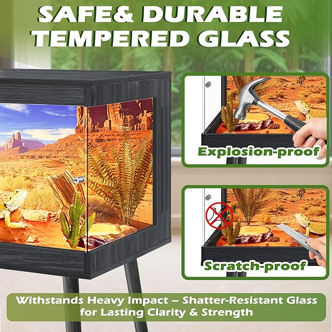 Royxen Bearded Dragon Tank, 82 Gallon Reptile Tank with Leg Stand,Built-in Lighting Reptile Enclosure, Tempered Glass Bearded Dragon Encloure for Chameleon (Black,48"x 20"x 20")