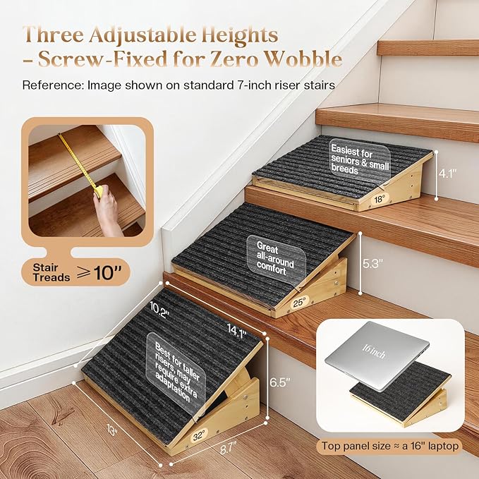 Adjustable Dog Ramp for Stairs with 3 Heights, Anti-Slip Small Dog Ramp for Indoor & Outdoor, Solid Wood Pet Steps for Small/Senior/Injured Dogs, Gentle Slop Ramp for Stairs with Carpet Surface