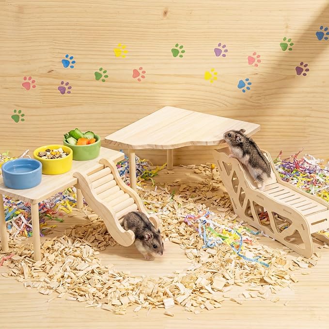 BreezeHug 4 Pcs Hamster Platform Hideout Wooden Tunnel Ladder Playhouse Hamster Game Climbing Toy with Platform Cage Accessories for Small Pets Dwarf Syrian Mice Degus Gerbils Squirrel(Tunnel)