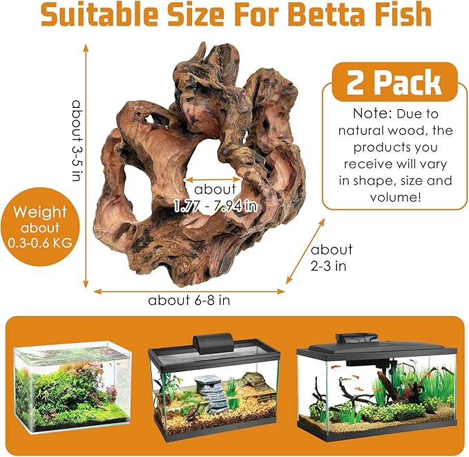 PINVNBY 2 PCS Betta Fish Hideout Natural Wood Aquarium Cave Driftwood Aquascaping Fish Tank Decorations for Shrimp Crayfish and Other Small Aquatic Pets