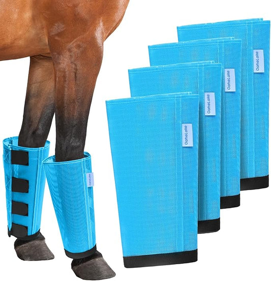 Mesh Horse Fly Boots Set of 4, Loose Fitting Leggings for Horses, Reduce Stressful Stomping, Breathable Adjustable and Universal Fit for 4 Legs, Reliable Stay Put (Sky Blue)
