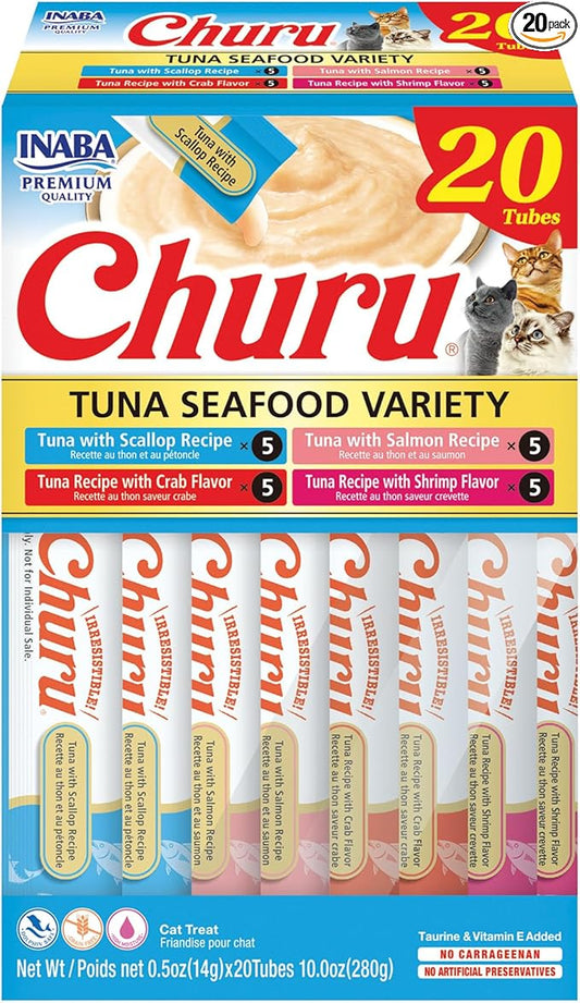 INABA Churu Cat Treats, Lickable, Squeezable Creamy Pur??e Cat Treat with Green Tea Extract & Taurine, 0.5 Ounces Each Tube, 20 Tubes, Tuna & Seafood Variety Box by INABA