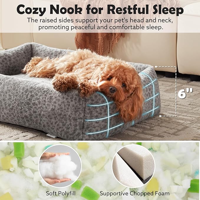 JOEJOY Small Dog Bed for Small Dogs, Removable Washable Cover Orthopedic Soft Faux Rabbit Fur Pet Bed, Anti-Slip Fluffy Plush Puppy Bed, 20"x19"x6", Leopard Print, Grey