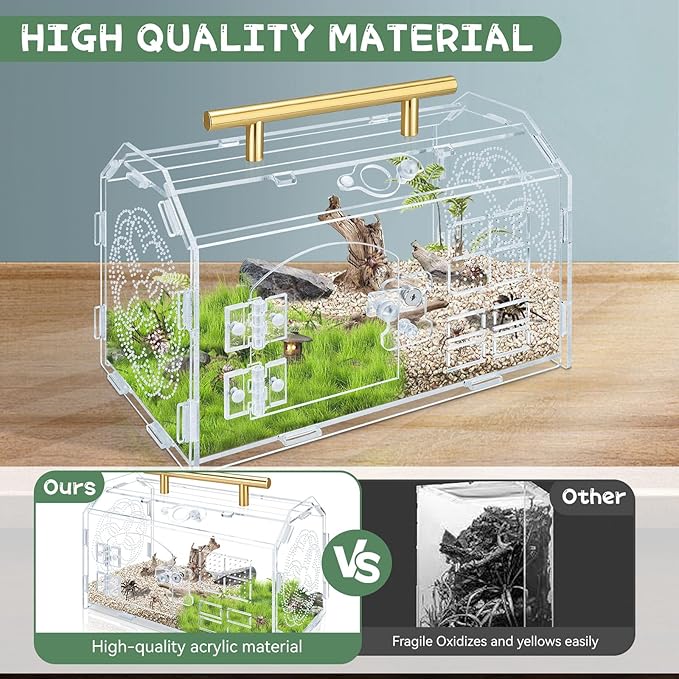 Acrylic Jumping Spider Enclosure, 8.7x5.1x6.9 Inch Tarantula Enclosure with Front Opening Door& Feeding Holes and Handle, Transparent Terrarium for Reptiles, Amphibians and Spiders