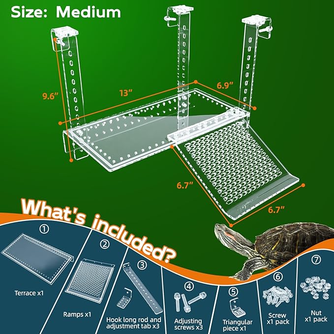 Hanging Turtle Dock Turtle Tank Accessories Adjustable, Large Basking Platform with Freely Installable Climbing Ramps for Aquatic Turtles Sturdy, Wobble-Free Design in Acrylic Material 13''