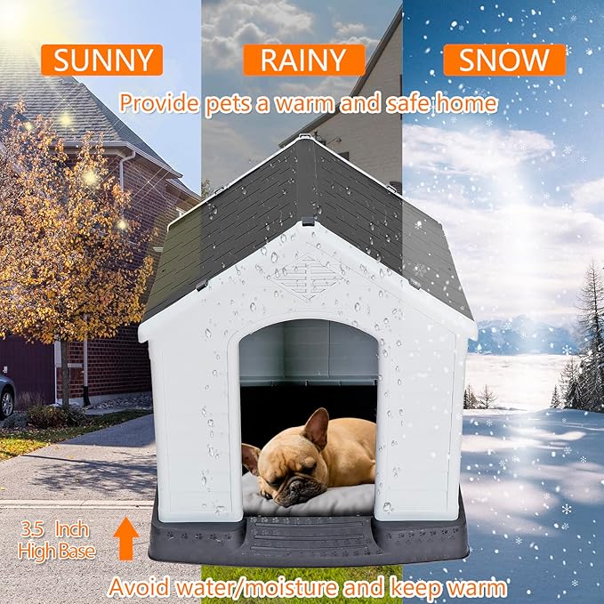 ZENY Large Plastic Dog House - Waterproof Dog Kennel with Air Vents and Elevated Floor All Weather Indoor Outdoor Doghouse Puppy Shelter, Easy to Assemble