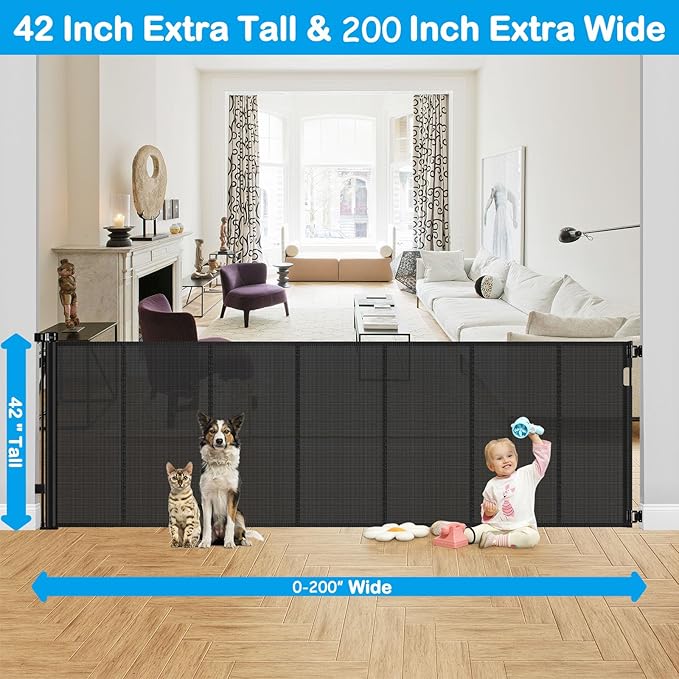 Reinforced 42" Extra Tall Retractable Dog Gate, 200" Extra Wide Baby Gate with Support Rods-Prevent Crawling Through, Outdoor/Indoor Baby Fence/Barrier/Blocker for Home, 16ft Retractable Garage Gate