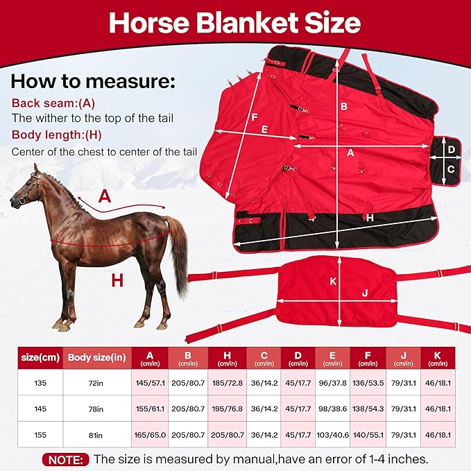 Horse Blankets,1600D Oxford Cold Weather Horse Trunout Sheets, Medium Weight Winter Horse Care Blankets with 280g Filling Liner (Red&Black, US 78 inch/EU 145 cm)