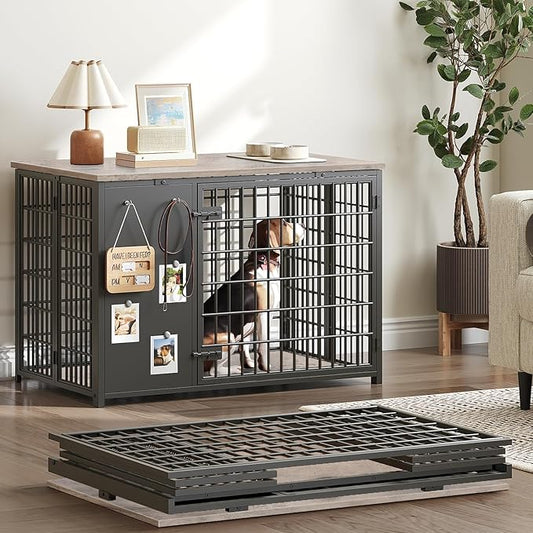 YATINEY Foldable Dog Crate Furniture, Dog Crate with DIY Frame, Heavy Duty Dog Kennel Indoor with Hooks, Wooden Dog Cage End Table, for Small/Medium Dogs, Greige DC95BG