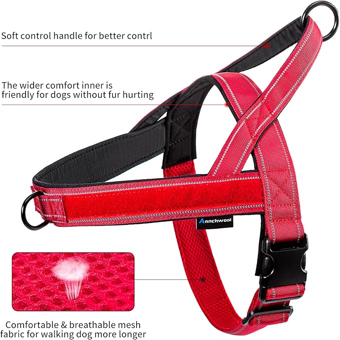 Annchwool No Pull Dog Harness with Padded Handle+5 Ft Leash,Reflective Strip Escape Proof and Quick Fit to Adjust Dog Harness,Easy for Training Walking for Small & Medium and Large Dog(Red-Set,M)