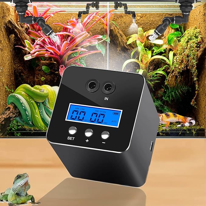 Reptile Humidifier & Mister for Tanks | 360° Adjustable Nozzles, Auto Timer, Leak-Proof Fogger for Terrariums, Amphibians & Rainforest Plants